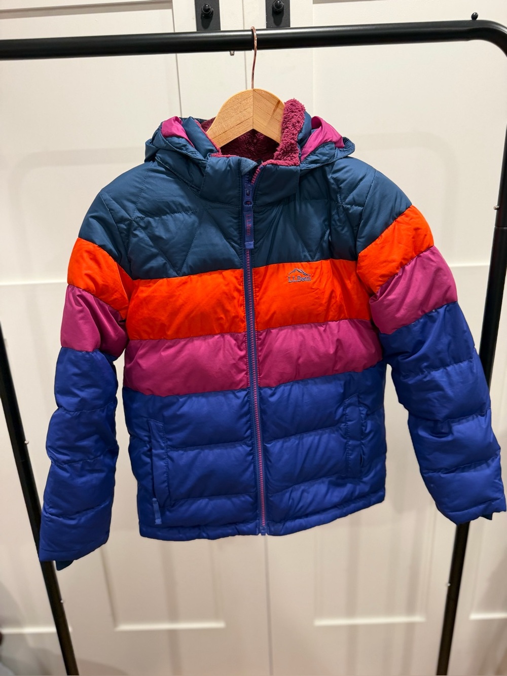 L.L. Bean Girls Colorblock Puffer Jacket in Blue, Pink & Orange